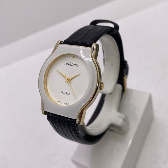 Vintage Solitare Womens White Black Leather Watch New Battery - Picture 2 of 8